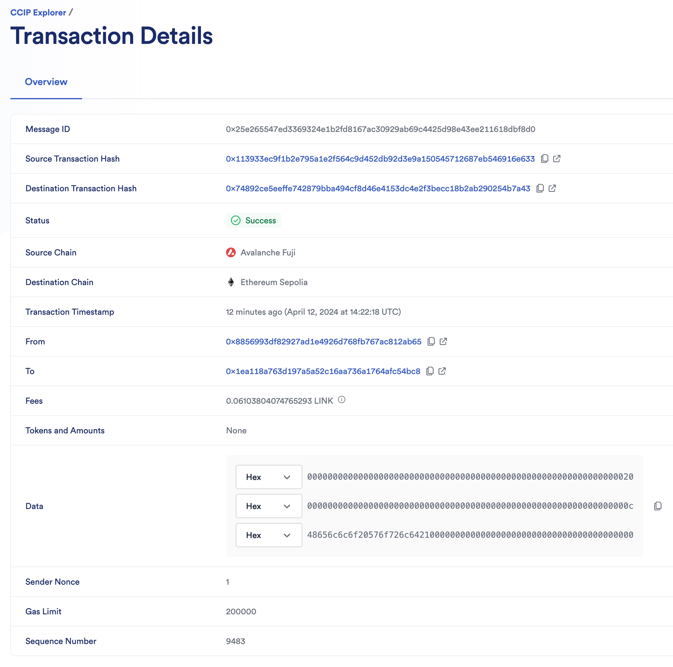 Chainlink CCIP Explorer transaction details success